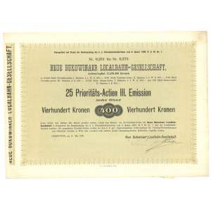 Ukraina, Neue Bukowinaer Localbahn-Gesellschaft, 25 akcji uprzywilejowanych 3. emisja 400 koron 1909