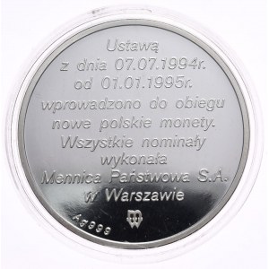 Złotogrosz, nowa moneta Polska, 1994, Ag 999, 1oz