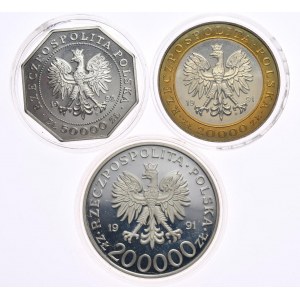 Set of 3, 20000 PLN Warsaw Mint, 50000 PLN 1992 Order of Virtuti Militari, 200000 PLN 1991 International Poznań Fair