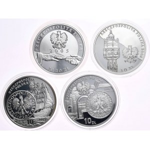 4er-Set 10 Zloty 2005-2006, Johannes Paul II. (Rückseite vergoldet), Johannes Paul II., Akte des goldenen Segelschiffs und Kopf einer Frau