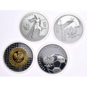 Satz von 4 Stück 10 Zloty 2006, Turin Spiele Skating und Snowboarding, Fußball-Weltmeisterschaft Deutschland Ball und Münze mit vergoldetem Kern