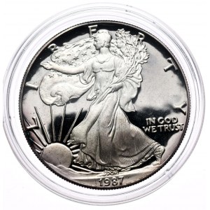 USA, 1987 Liberty Silver Eagle dolár, 1 oz, 999 AG unca, PROOF, Zrkadlová známka