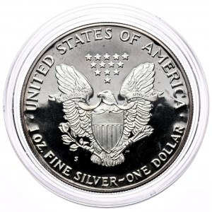 USA, 1987 Liberty Silver Eagle dolár, 1 oz, 999 AG unca, PROOF, Zrkadlová známka