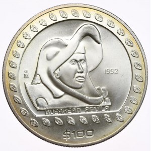 Mexiko, 100 dolarů 1992, aztécký bojovník, unce, 1 oz Ag 999