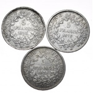 Francúzsko, 5 frankov Herkules 1873-75, sada 3 kusov.