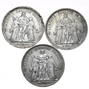 Francie, 5 franků Herkules 1873-75, sada 3 kusů.