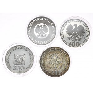 PRL, Satz von 4 Silbermünzen 100 und 200 Zloty 1973-1982, Kopernikus, Skłodowska, XXX Jahre PRL, Fußballweltmeisterschaft Spanien '82