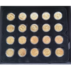 USA, Set of 20 gold-plated dollars with presidents in original case, National Treasury