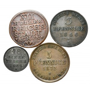 Zestaw 4 monet miedzianych Aachen, Meklemburgia 1764-1872