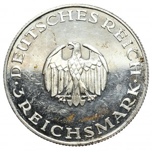Nemecko, Weimarská republika, 3 marky 1929 G, Karlsruhe, G. Lessing, zrkadlová známka - polierte platte