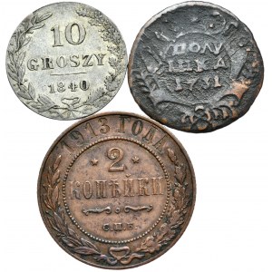 Set of 10 pennies 1840, lozenge 1731, 2 kopecks 1913