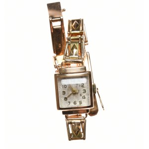 Zegarek damski bez marki, prawdopodobnie „ZARIA”, bransoleta wzór romby, złoto próby 583 - ZSRR