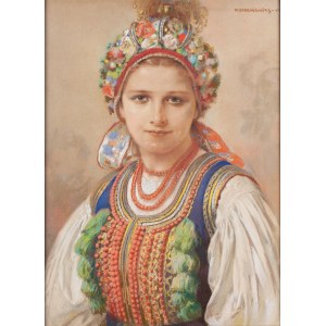 Piotr Stachiewicz (1858 Nowosiółki Gościnne - 1930 Krakow), Portrait of a young Krakow woman in wedding attire, 1917