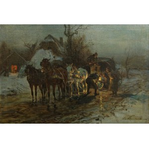 Czesław Wasilewski - Ignacy Zygmuntowicz (1875, Warszawa - 1947, Łódź) Scena rodzajowa z zaprzęgiem konnym, XIX/XX w.