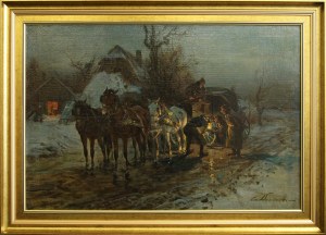 Czesław Wasilewski - Ignacy Zygmuntowicz (1875, Warszawa - 1947, Łódź) Scena rodzajowa z zaprzęgiem konnym, XIX/XX w.