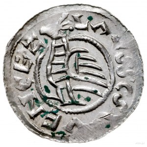 denar przed 1050 r.; Aw: Popiersie księcia z krzyżem na...