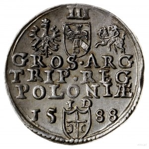 trojak 1588, Olkusz; duża głowa króla, litery ID nad he...