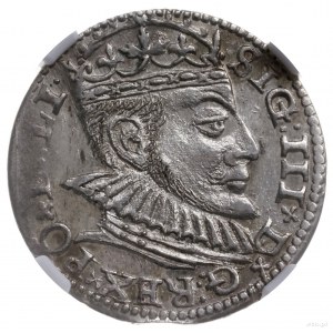 trojak 1590, Ryga, rzadszy typ monety z dużą głową król...