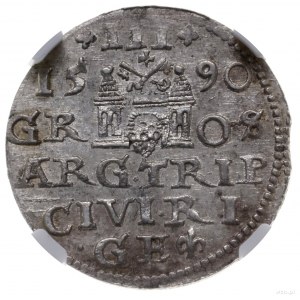 trojak 1590, Ryga, rzadszy typ monety z dużą głową król...