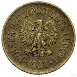 1 złoty 1957, Warszawa; Nominał 1, wklęsły napis PRÓBA ...