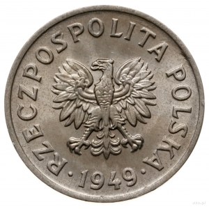 20 groszy 1949, Warszawa; Nominał 20, wklęsły napis PRÓ...