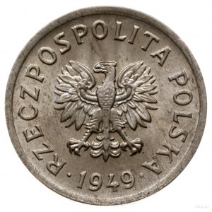 10 groszy 1949, Warszawa; Nominał 10, wklęsły napis PRÓ...