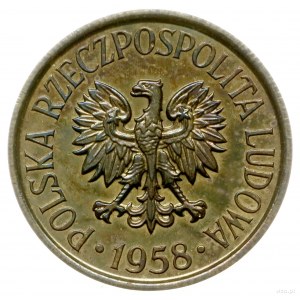 5 groszy 1958, Warszawa; Nominał 5, wklęsły napis PRÓBA...