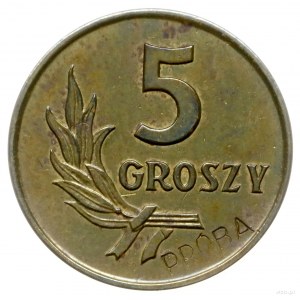 5 groszy 1958, Warszawa; Nominał 5, wklęsły napis PRÓBA...