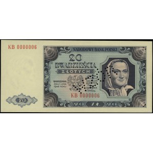 20 złotych 1.07.1948, seria KB, numeracja 0000006; bez ...