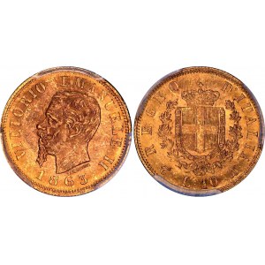 Italy 10 Lire 1863 T BN PCGS MS 63