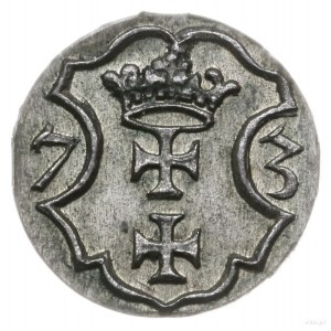 denar 1573, Gdańsk; kartusz tarczy herbowej z 12 łukami...