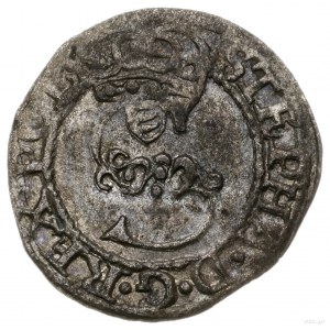szeląg 1580, Olkusz; na awersie monogram króla, na rewe...