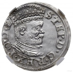 trojak 1586, Ryga; mała głowa króla, końcówka PO D L na...