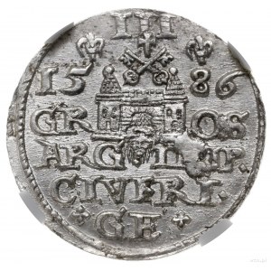 trojak 1586, Ryga; mała głowa króla, końcówka PO D L na...