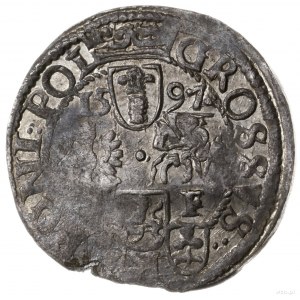grosz 1597 Poznań; popiersie króla w koronie, pod nim w...