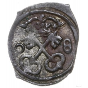 denar 1608, Poznań; skrócona data 0-8 po bokach kluczy;...