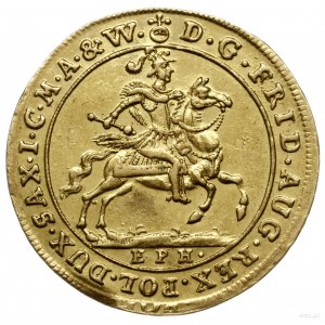 dukat 1702, Lipsk; Aw: Król na koniu w zbroi i hełmie z...