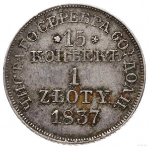 15 kopiejek = 1 złoty 1837 MW, Warszawa; wariant z wąsk...