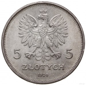 5 złotych 1928, Warszawa; Nike, ze znakiem mennicy na r...