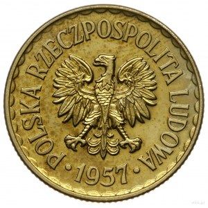1 złoty 1957, Warszawa; nominał 1, wklęsły napis PRÓBA ...