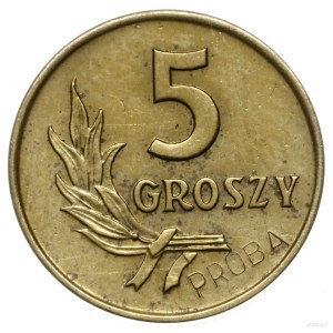 5 groszy 1957, Warszawa; nominał 5, wklęsły napis PRÓBA...