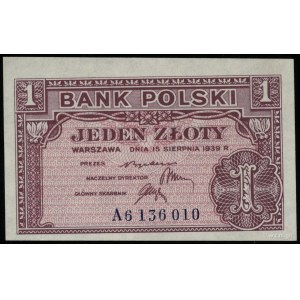 1 złoty 15.08.1939, seria A 6136010; Lucow 1006 (R5), M...