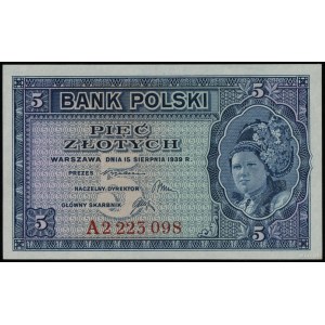 5 złotych 15.08.1939, seria A 2223098; Lucow 1016 (R5),...