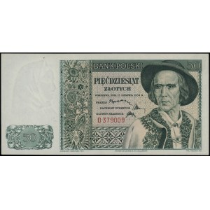 50 złotych 15.08.1939, seria D 379009; Lucow 1037 (R6),...