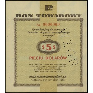 5 dolarów 1.01.1960, seria Ae 0000000, perforacja WZÓR;...