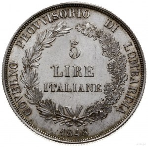 5 lirów (scudo) 1848 M, Mediolan; Dav. 6, Herinek 3, KM...
