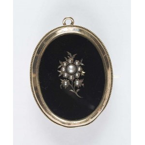 Broszka - wisior żałobny z czarną emalią, dekoracja z perełkami