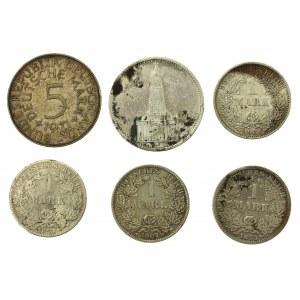 Niemcy, zestaw srebrnych monet, różne roczniki, 6 szt. (502)
