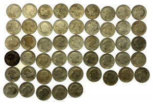 II RP, zestaw 5 złotych 1932-1934 Głowa kobiety, 50 szt. (575)