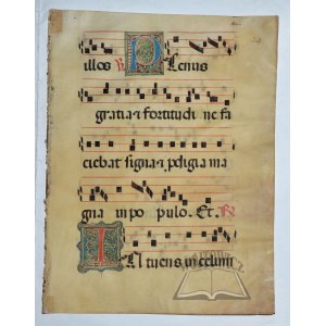 (Pergamenová karta s textovým a notovým zápisem). Plenus gratia et fortitudine faciebat signa et prodigia magna in populo. ....